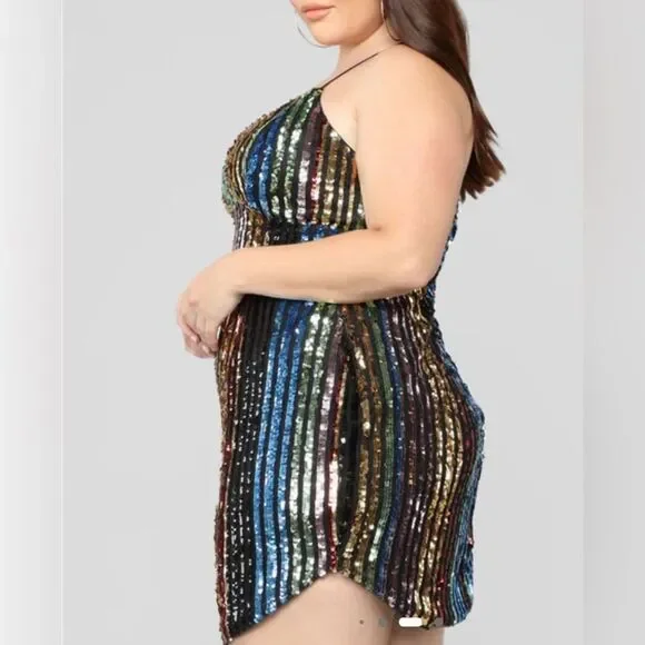 Fashion Nova Black and Green Sequin striped Dress adjustable straps NWT size L - Picture 3 of 16